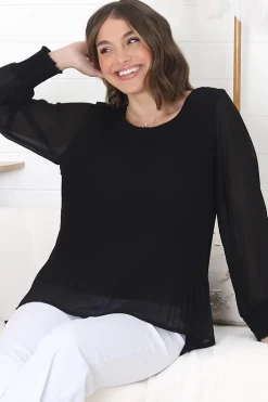 Kayt Blouse - Plisse Long Sleeve Top with High-Low Hemline in Black><noscript><img width=