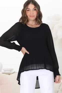 Kayt Blouse - Plisse Long Sleeve Top with High-Low Hemline in Black><noscript><img width=