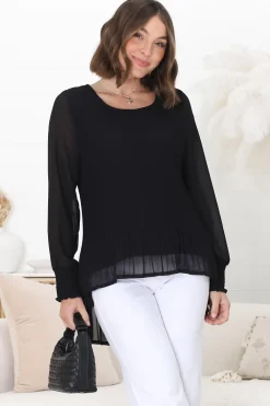 Kayt Blouse - Plisse Long Sleeve Top with High-Low Hemline in Black><noscript><img width=