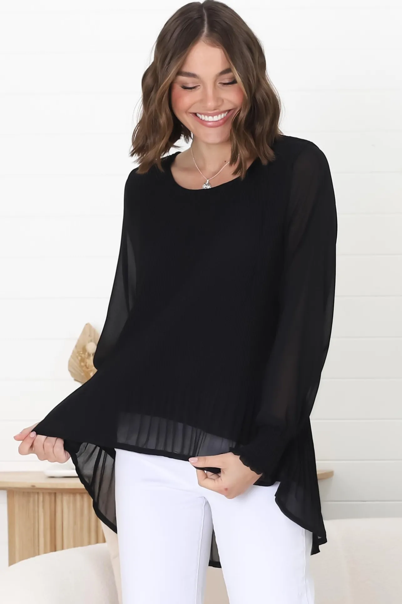 Kayt Blouse - Plisse Long Sleeve Top with High-Low Hemline in Black>Salty Crush Sale
