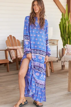Kensey Maxi Dress - Mandarin Collar Long Sleeve Tiered Dress in Bluey Print>Jaase Sale