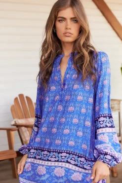 Kensey Maxi Dress - Mandarin Collar Long Sleeve Tiered Dress in Bluey Print><noscript><img width=