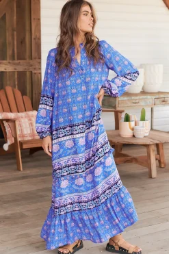 Kensey Maxi Dress - Mandarin Collar Long Sleeve Tiered Dress in Bluey Print><noscript><img width=