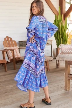 Kensey Maxi Dress - Mandarin Collar Long Sleeve Tiered Dress in Bluey Print><noscript><img width=
