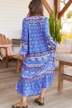 Kensey Maxi Dress - Mandarin Collar Long Sleeve Tiered Dress in Bluey Print><noscript><img width=