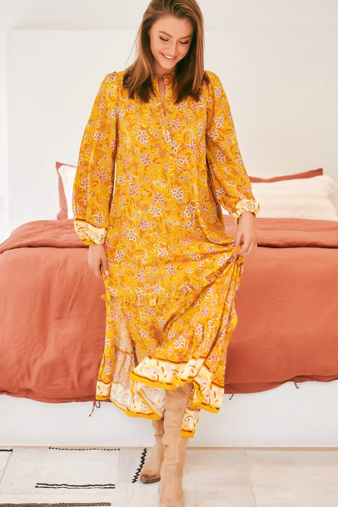 Kensey Maxi Dress - Mandarin Collar Long Sleeve Tiered Dress in Willow Print>Jaase