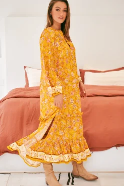 Kensey Maxi Dress - Mandarin Collar Long Sleeve Tiered Dress in Willow Print><noscript><img width=