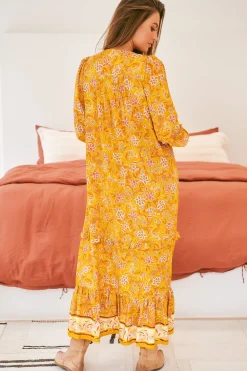 Kensey Maxi Dress - Mandarin Collar Long Sleeve Tiered Dress in Willow Print><noscript><img width=