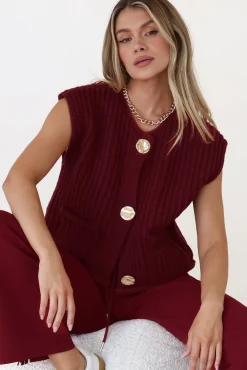 Khloe Knit Top - Sleeveless Large Gold Abstract Button Front Knit in Wine>Salty Crush Sale