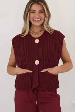 Khloe Knit Top - Sleeveless Large Gold Abstract Button Front Knit in Wine>Salty Crush Sale