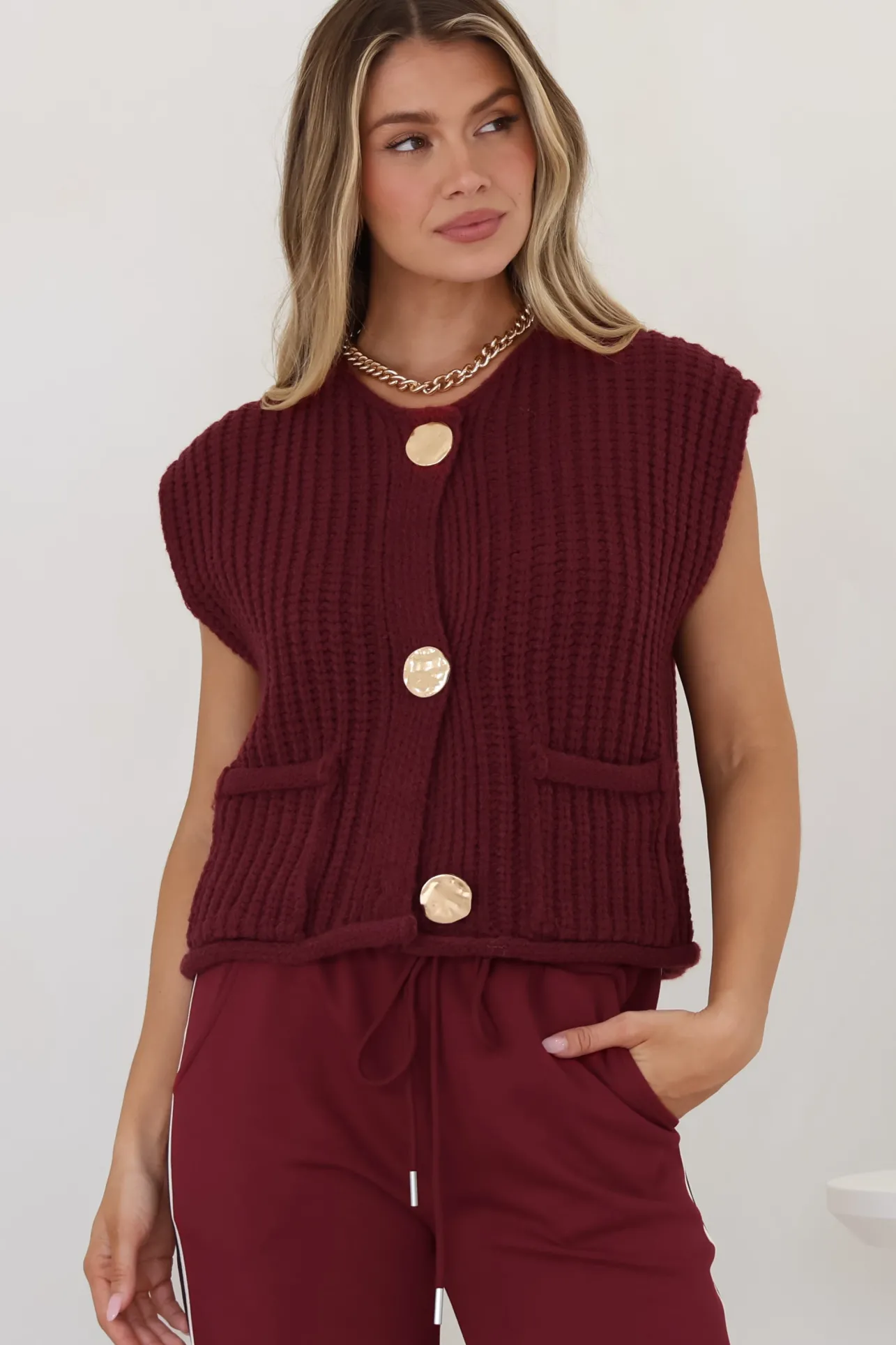 Khloe Knit Top - Sleeveless Large Gold Abstract Button Front Knit in Wine>Salty Crush Sale