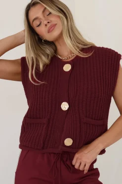 Khloe Knit Top - Sleeveless Large Gold Abstract Button Front Knit in Wine><noscript><img width=