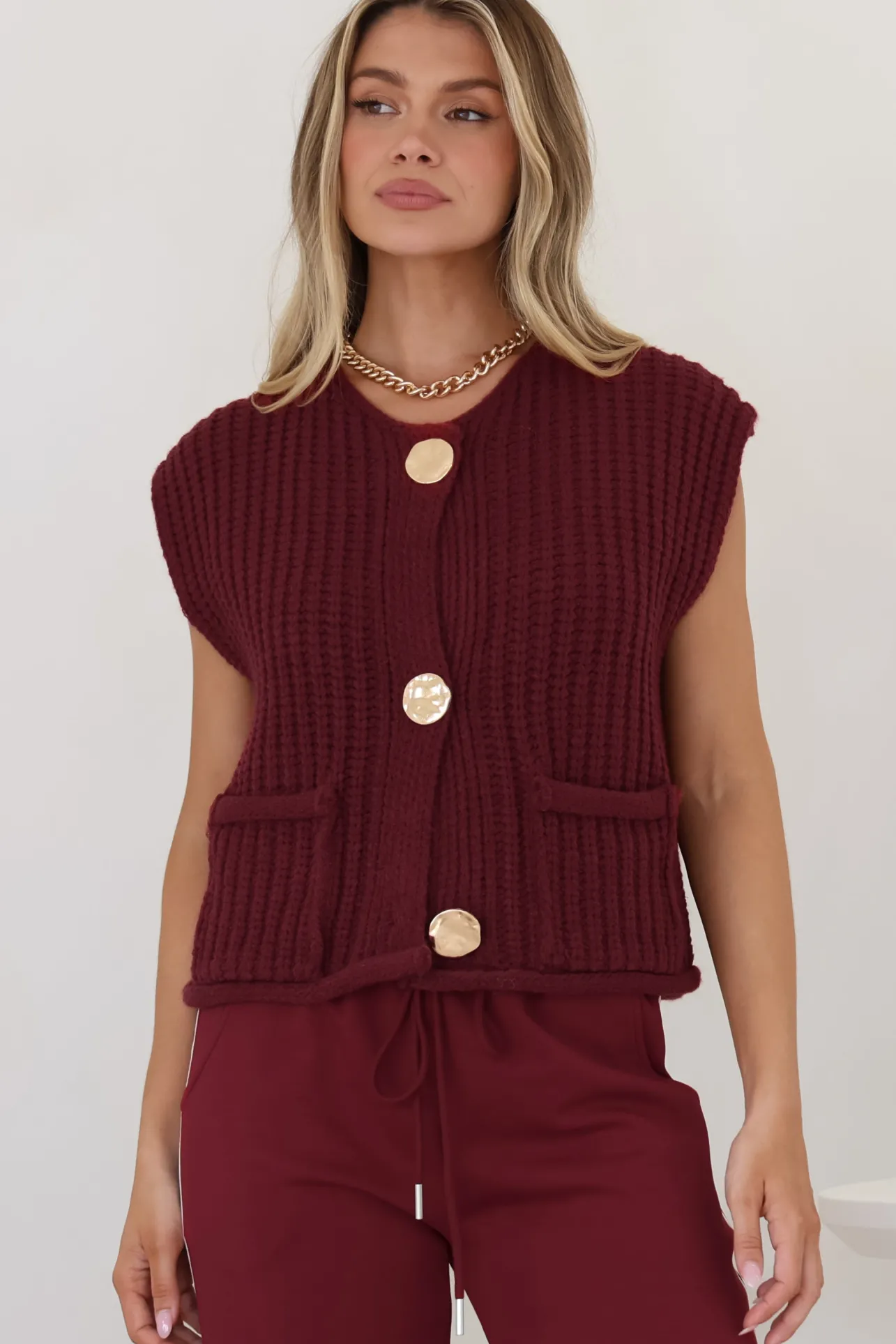 Khloe Knit Top - Sleeveless Large Gold Abstract Button Front Knit in Wine>Salty Crush Sale