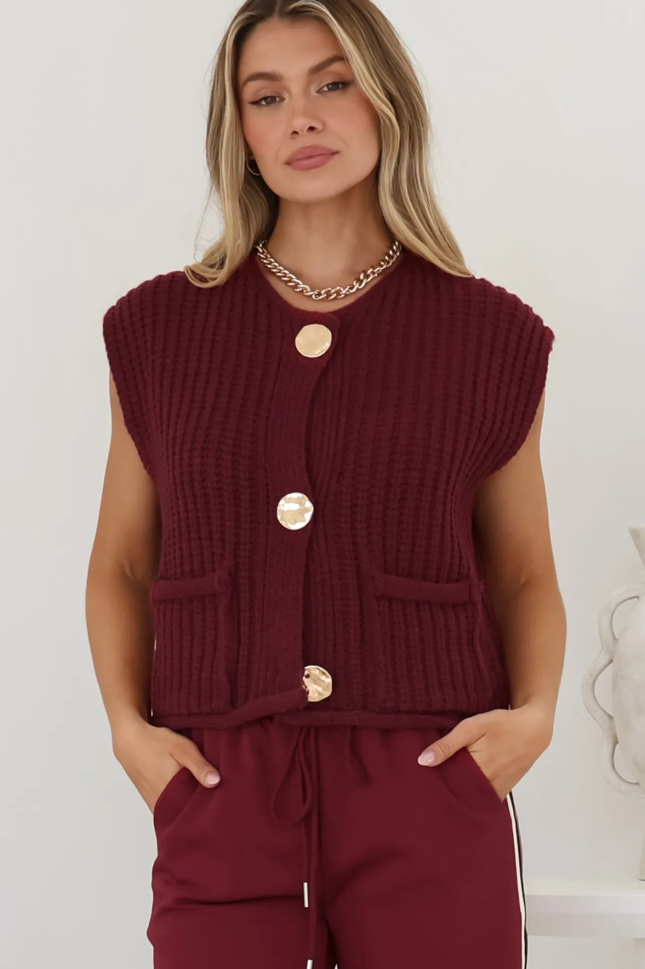 Khloe Knit Top - Sleeveless Large Gold Abstract Button Front Knit in Wine>Salty Crush Sale