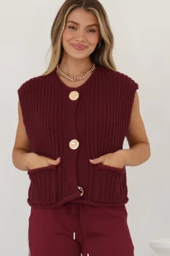 Khloe Knit Top - Sleeveless Large Gold Abstract Button Front Knit in Wine><noscript><img width=