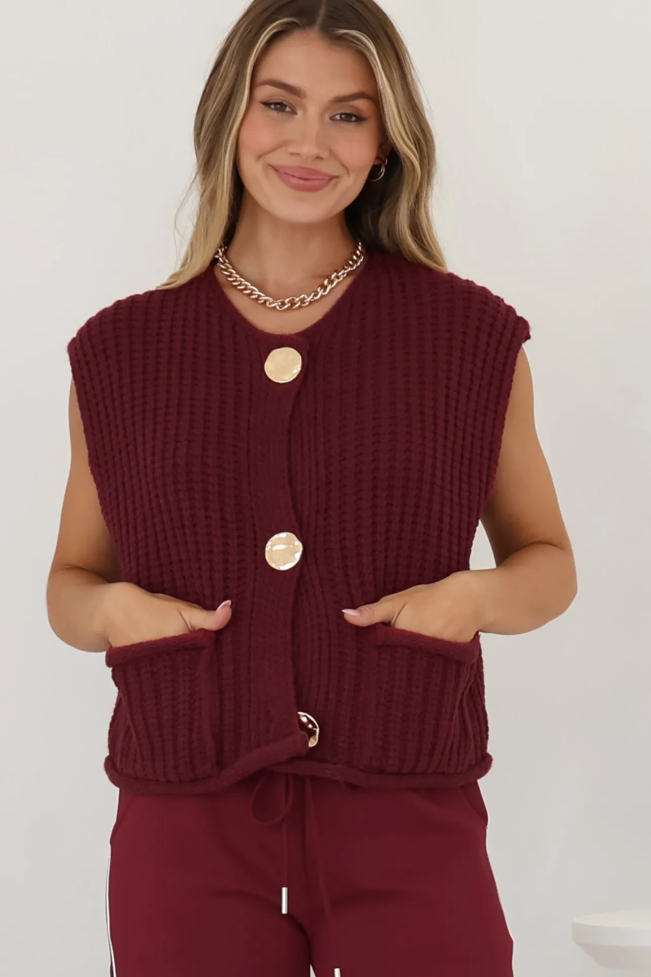 Khloe Knit Top - Sleeveless Large Gold Abstract Button Front Knit in Wine>Salty Crush Sale