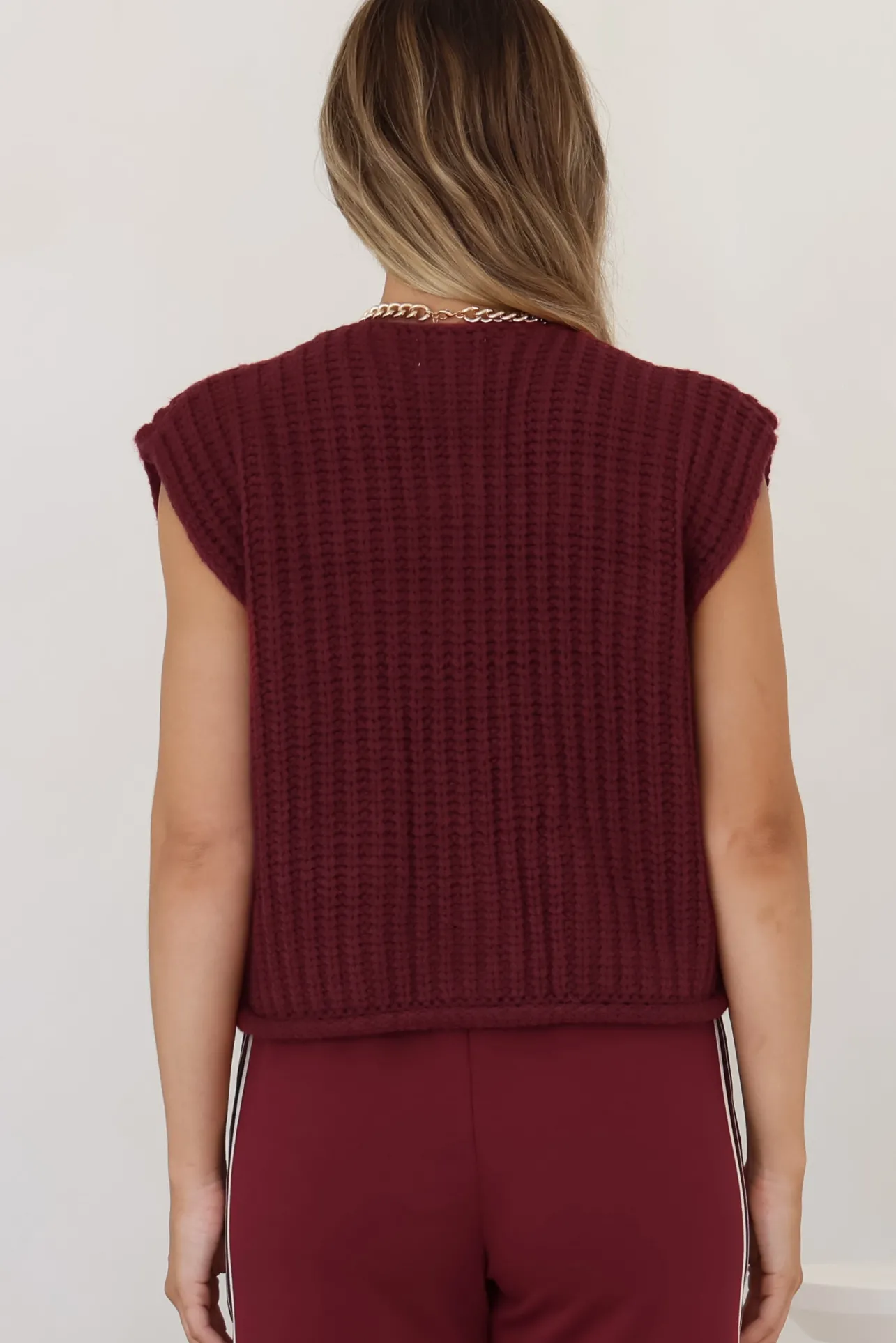 Khloe Knit Top - Sleeveless Large Gold Abstract Button Front Knit in Wine>Salty Crush Sale