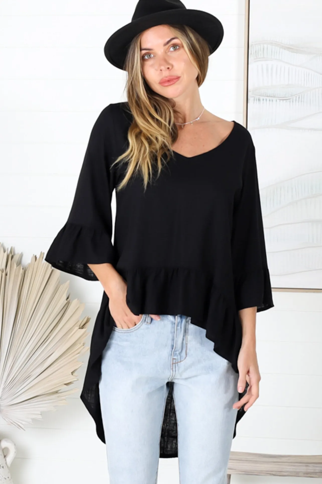 Kiany Top - Floaty Smock with Ruffle High Low Hemline in Black>Salty Crush Online