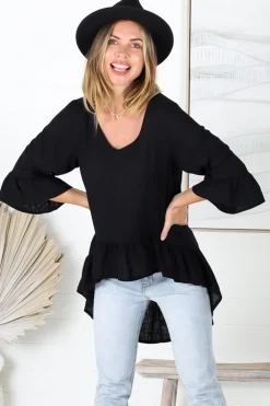 Kiany Top - Floaty Smock with Ruffle High Low Hemline in Black><noscript><img width=