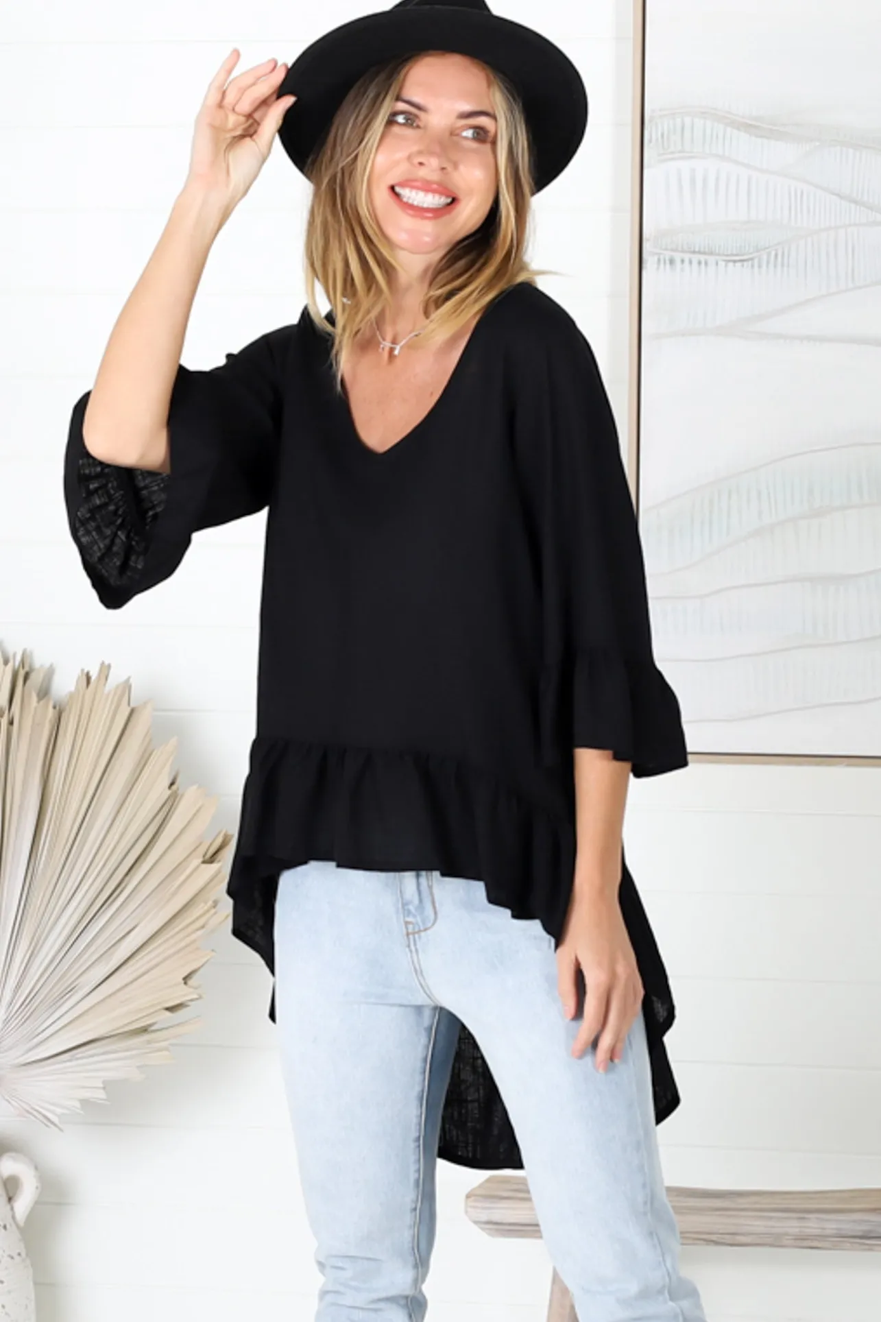 Kiany Top - Floaty Smock with Ruffle High Low Hemline in Black>Salty Crush Online