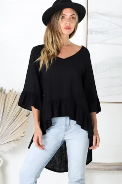 Kiany Top - Floaty Smock with Ruffle High Low Hemline in Black><noscript><img width=