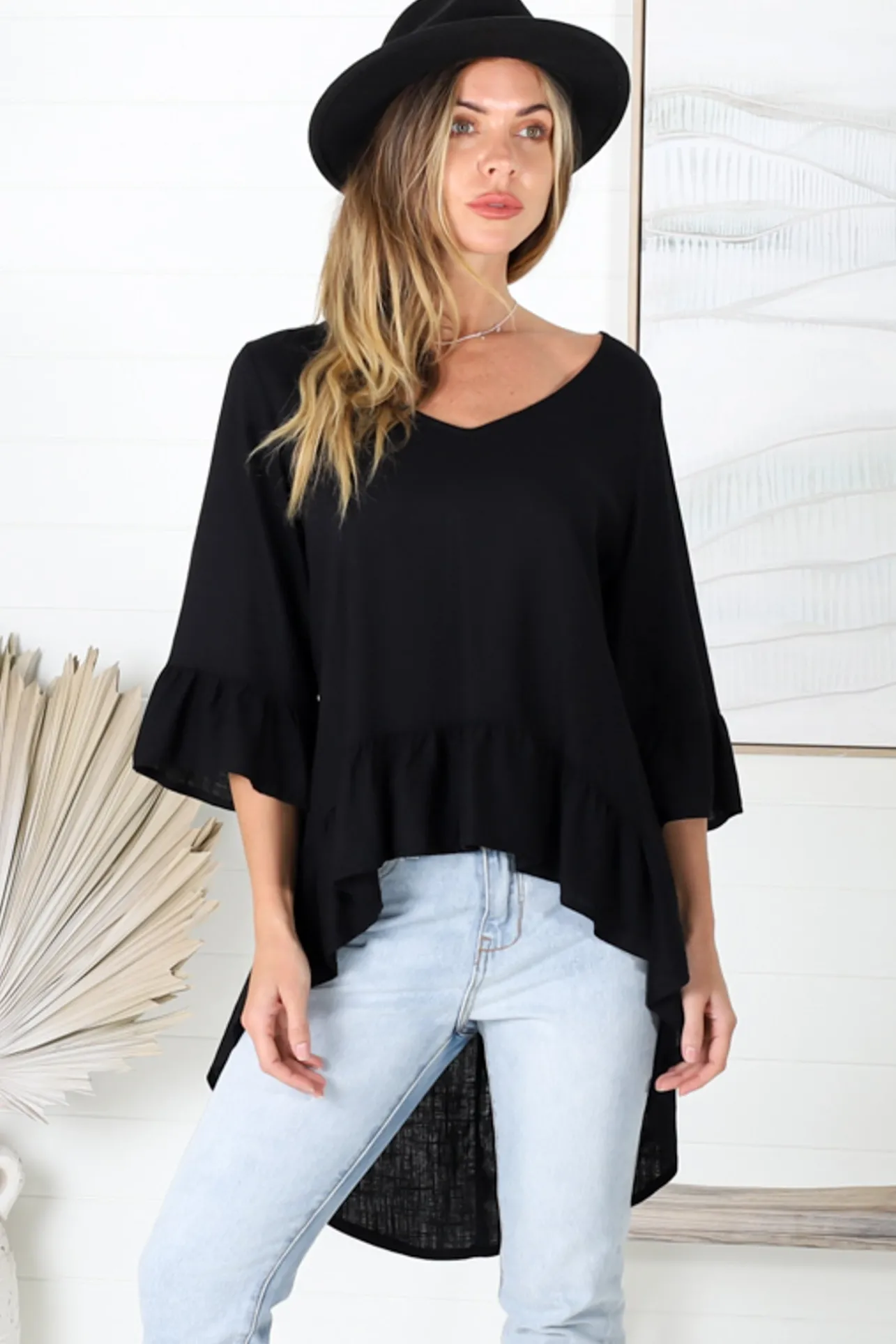 Kiany Top - Floaty Smock with Ruffle High Low Hemline in Black>Salty Crush Online