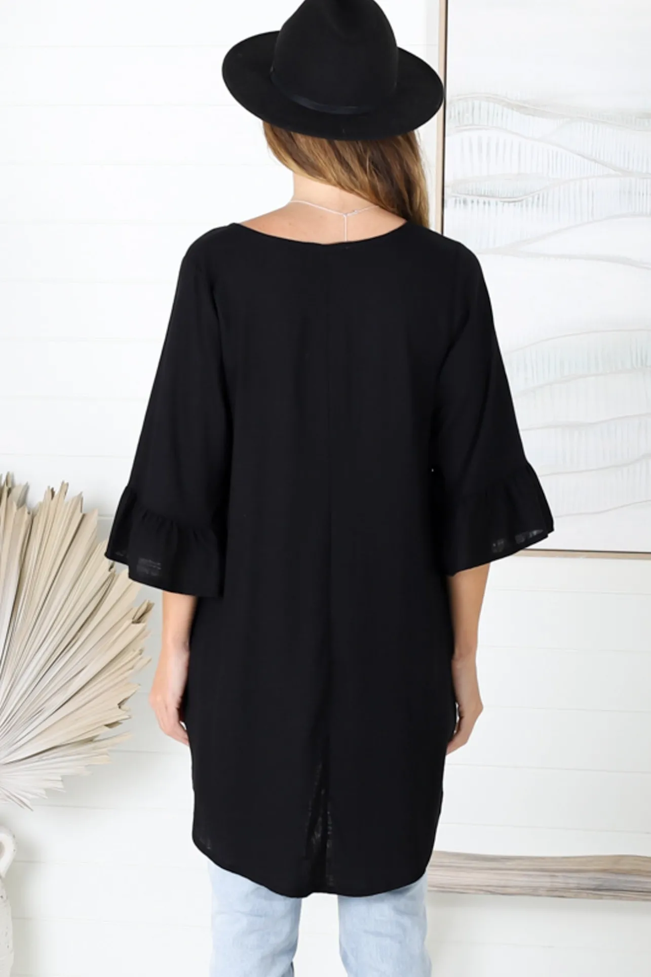 Kiany Top - Floaty Smock with Ruffle High Low Hemline in Black>Salty Crush Online