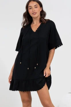 Kiki Mini Dress - V-Neck Shift Dress with Scallop Lace Hemlines in Black>Salty Crush
