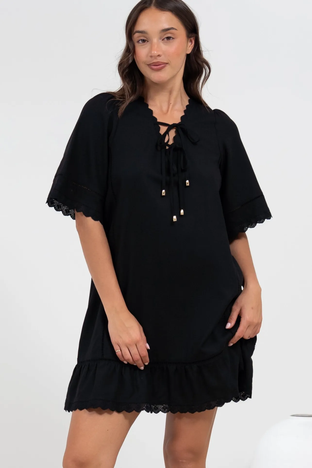 Kiki Mini Dress - V-Neck Shift Dress with Scallop Lace Hemlines in Black>Salty Crush