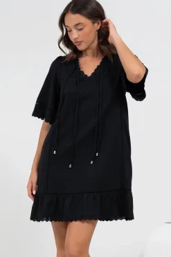 Kiki Mini Dress - V-Neck Shift Dress with Scallop Lace Hemlines in Black><noscript><img width=