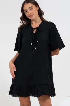Kiki Mini Dress - V-Neck Shift Dress with Scallop Lace Hemlines in Black><noscript><img width=