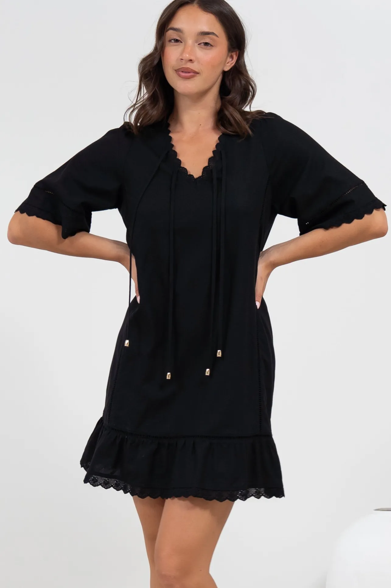 Kiki Mini Dress - V-Neck Shift Dress with Scallop Lace Hemlines in Black>Salty Crush