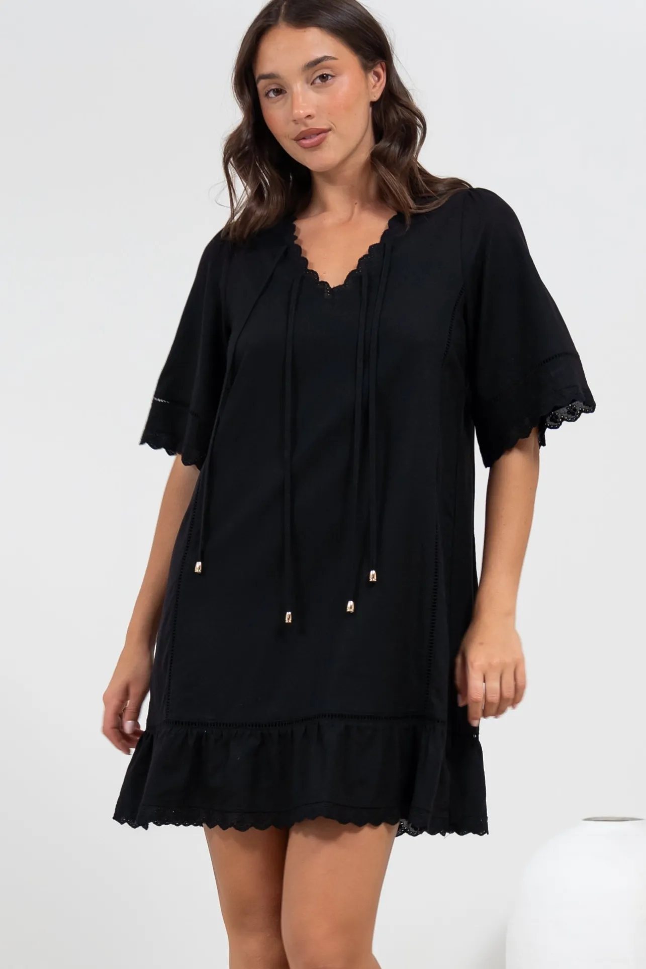 Kiki Mini Dress - V-Neck Shift Dress with Scallop Lace Hemlines in Black>Salty Crush
