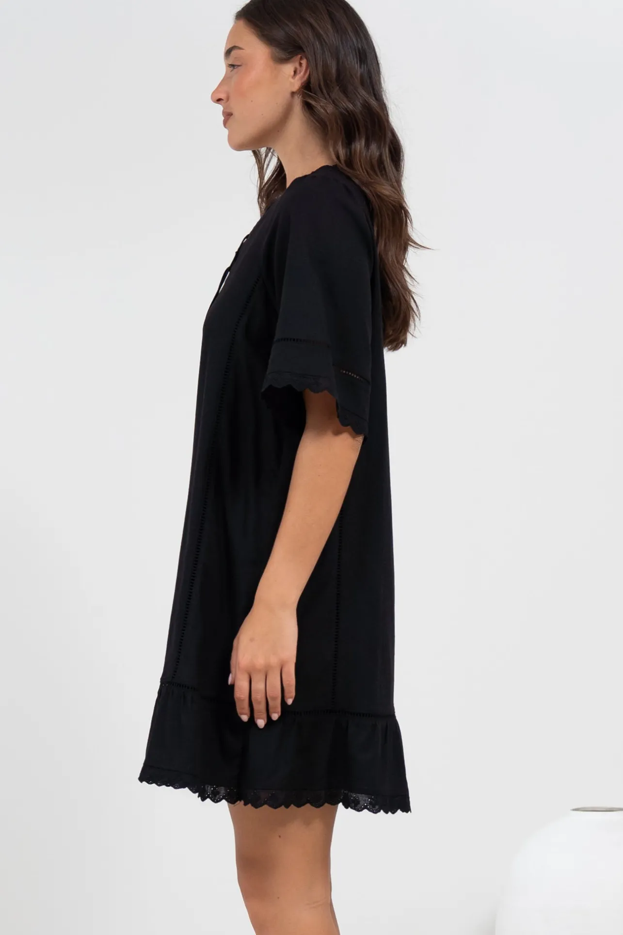 Kiki Mini Dress - V-Neck Shift Dress with Scallop Lace Hemlines in Black>Salty Crush