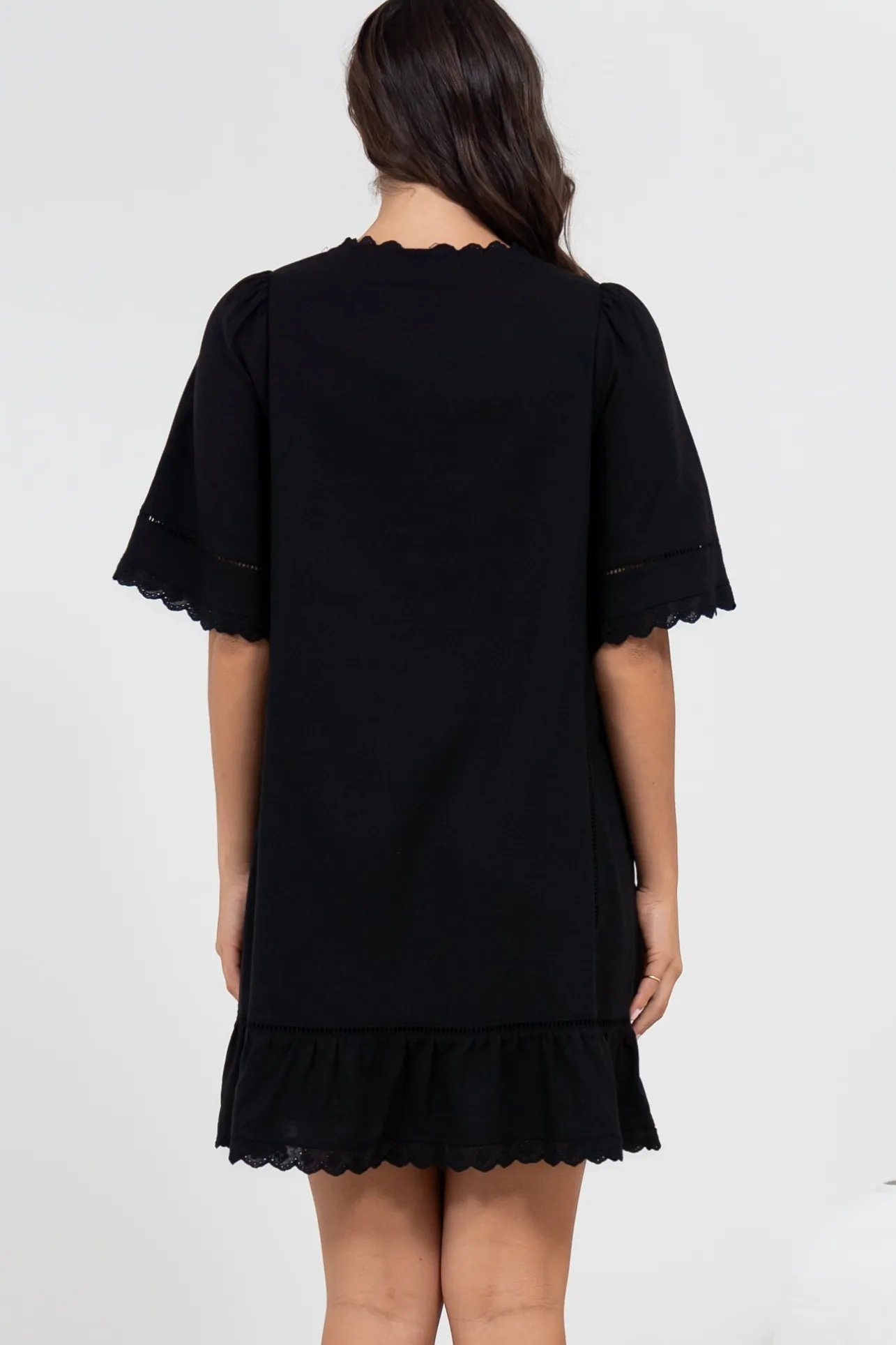Kiki Mini Dress - V-Neck Shift Dress with Scallop Lace Hemlines in Black>Salty Crush