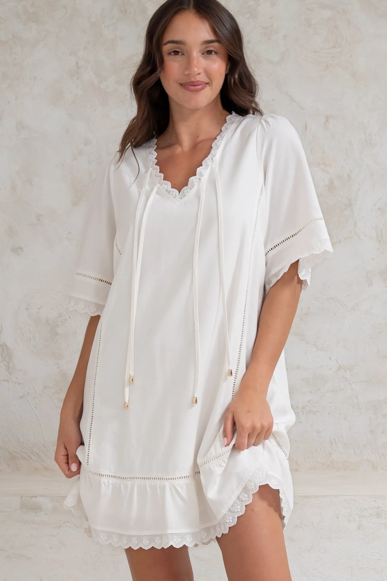 Kiki Mini Dress - V-Neck Shift Dress with Scallop Lace Hemlines in White>Salty Crush Outlet