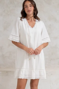 Kiki Mini Dress - V-Neck Shift Dress with Scallop Lace Hemlines in White><noscript><img width=