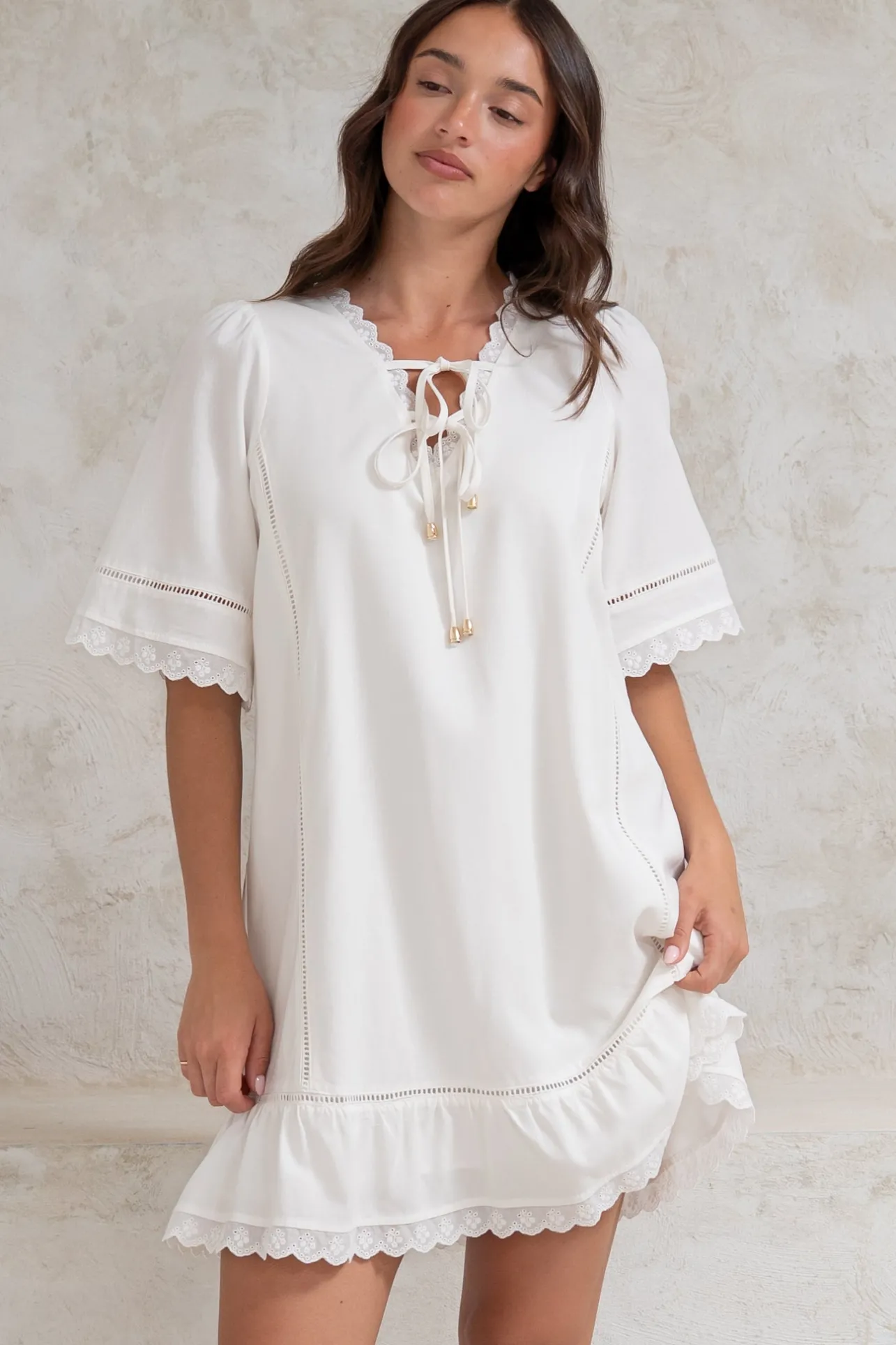Kiki Mini Dress - V-Neck Shift Dress with Scallop Lace Hemlines in White>Salty Crush Outlet