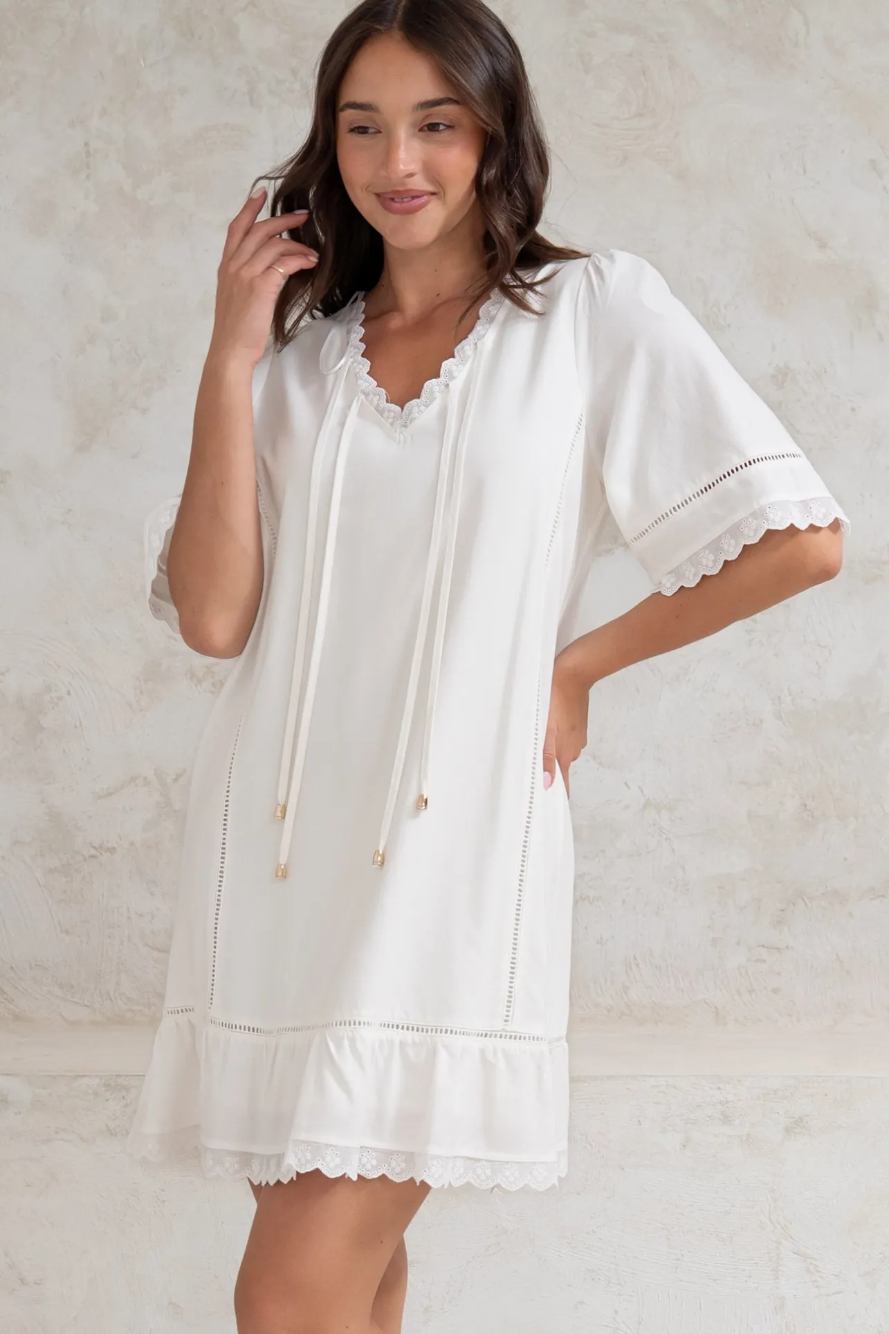 Kiki Mini Dress - V-Neck Shift Dress with Scallop Lace Hemlines in White>Salty Crush Outlet