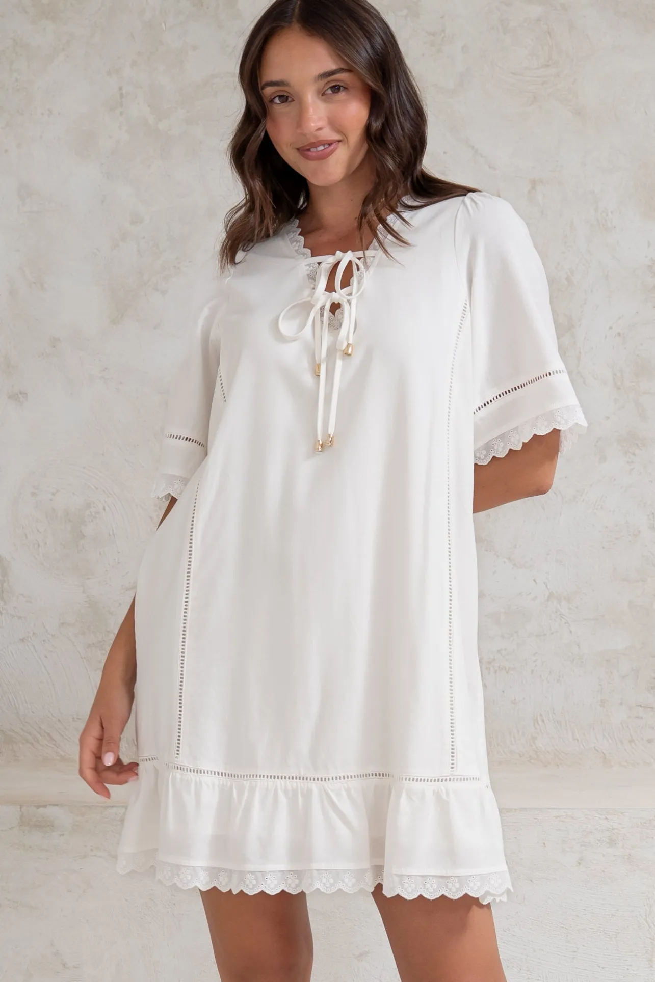 Kiki Mini Dress - V-Neck Shift Dress with Scallop Lace Hemlines in White>Salty Crush Outlet