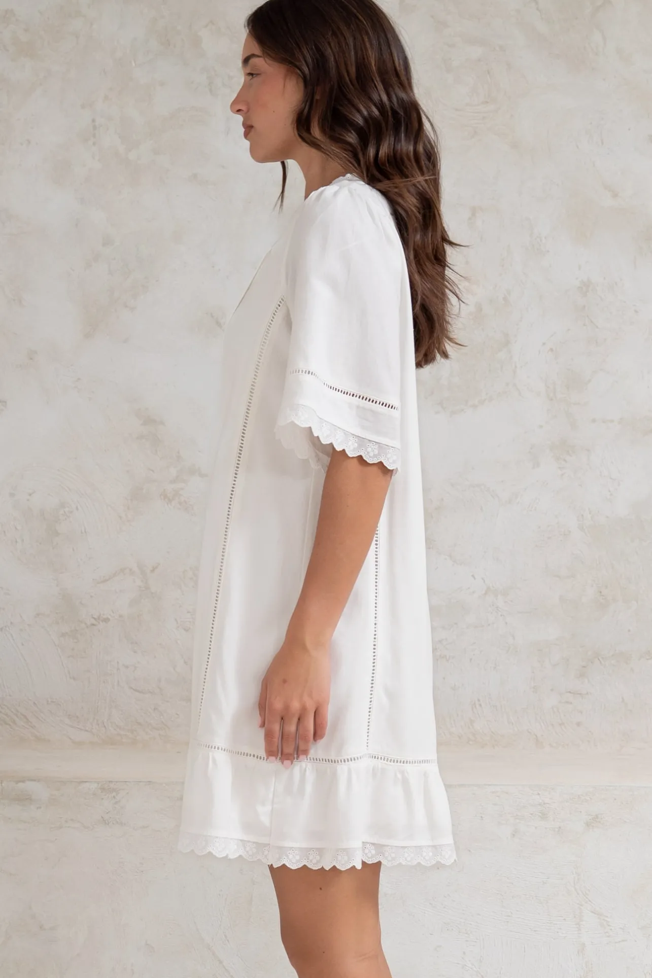 Kiki Mini Dress - V-Neck Shift Dress with Scallop Lace Hemlines in White>Salty Crush Outlet