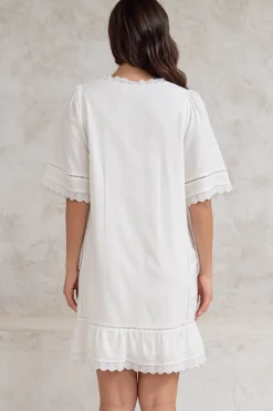 Kiki Mini Dress - V-Neck Shift Dress with Scallop Lace Hemlines in White><noscript><img width=