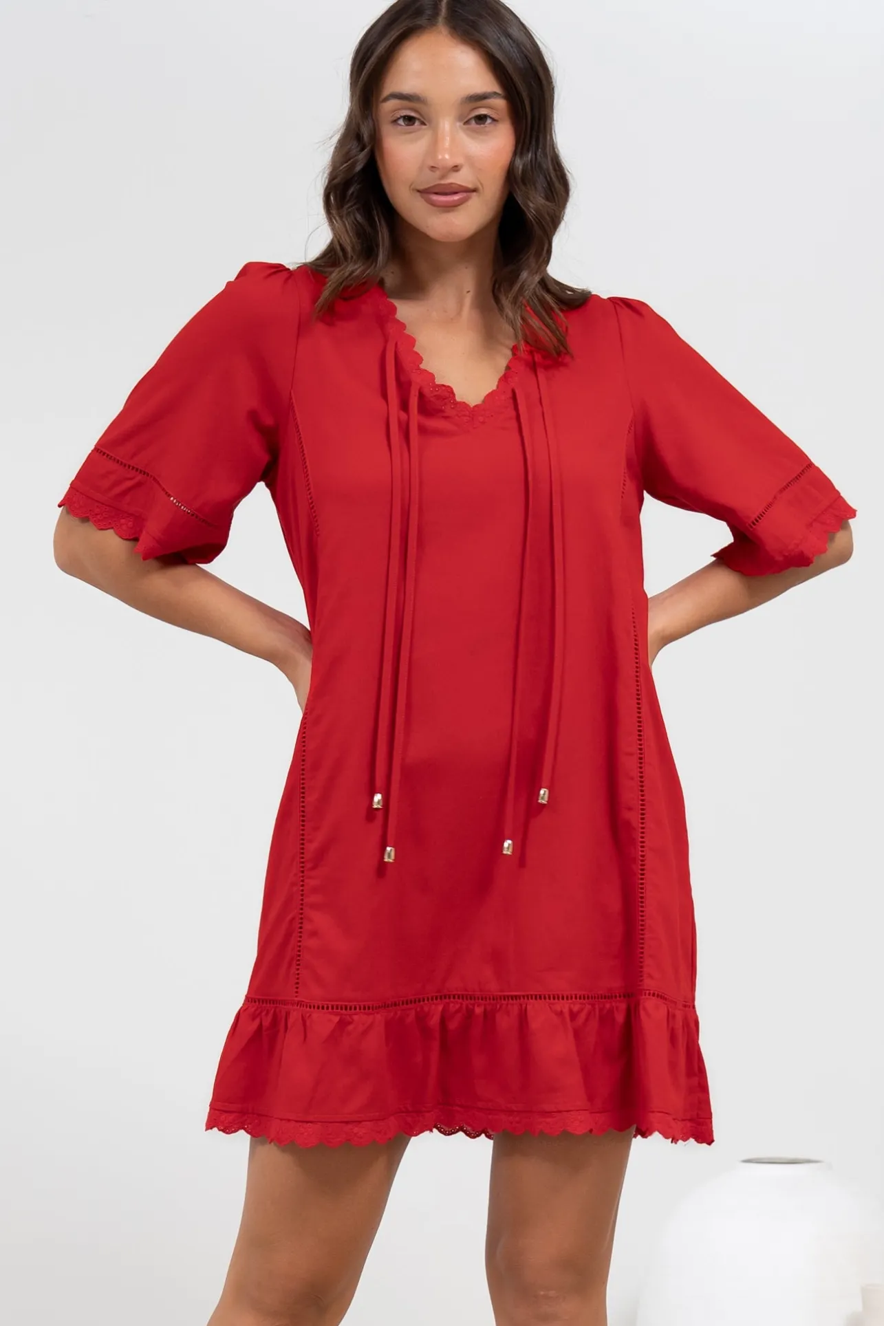 Kiki Mini Dress - V-Neck Shift Dress with Scallop Lace Hemlines in Red>Salty Crush Online