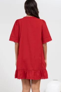 Kiki Mini Dress - V-Neck Shift Dress with Scallop Lace Hemlines in Red><noscript><img width=
