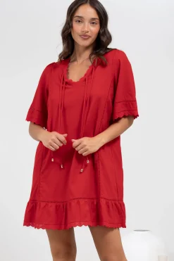 Kiki Mini Dress - V-Neck Shift Dress with Scallop Lace Hemlines in Red><noscript><img width=
