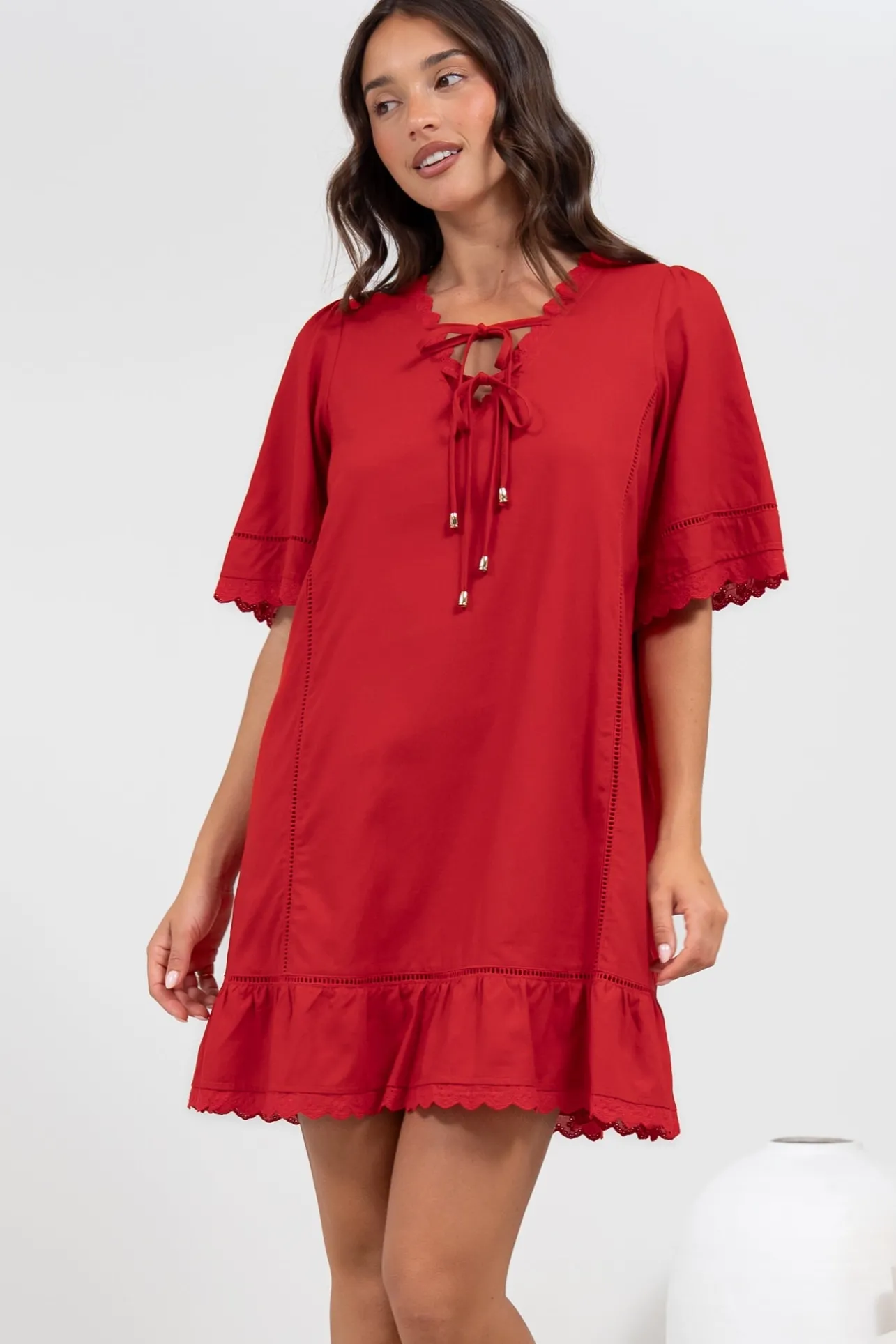 Kiki Mini Dress - V-Neck Shift Dress with Scallop Lace Hemlines in Red>Salty Crush Online