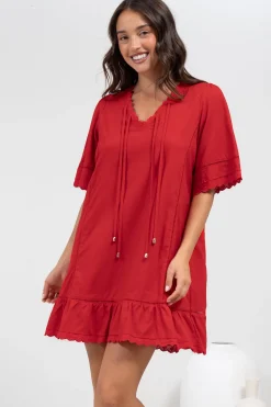 Kiki Mini Dress - V-Neck Shift Dress with Scallop Lace Hemlines in Red><noscript><img width=