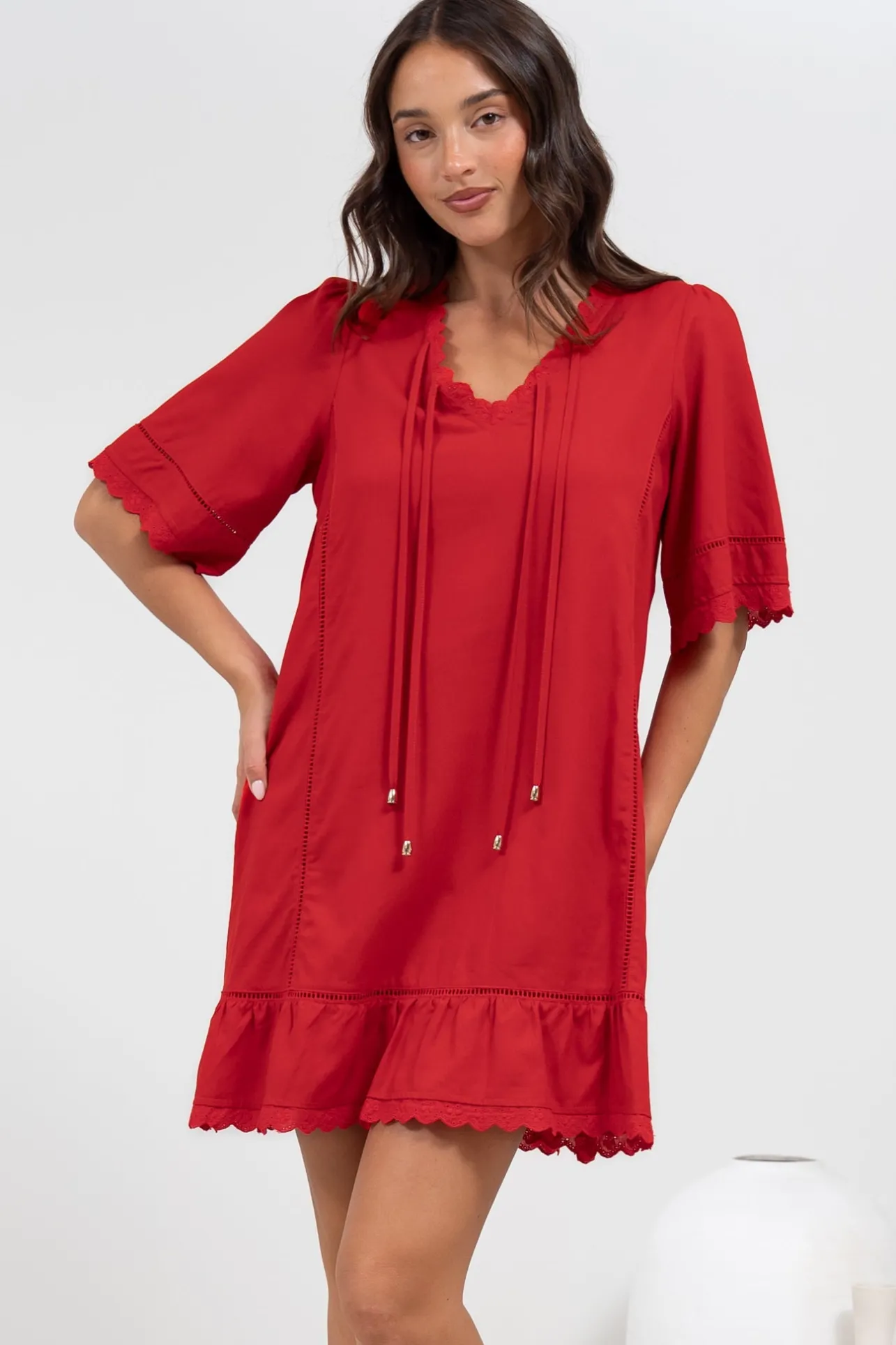 Kiki Mini Dress - V-Neck Shift Dress with Scallop Lace Hemlines in Red>Salty Crush Online