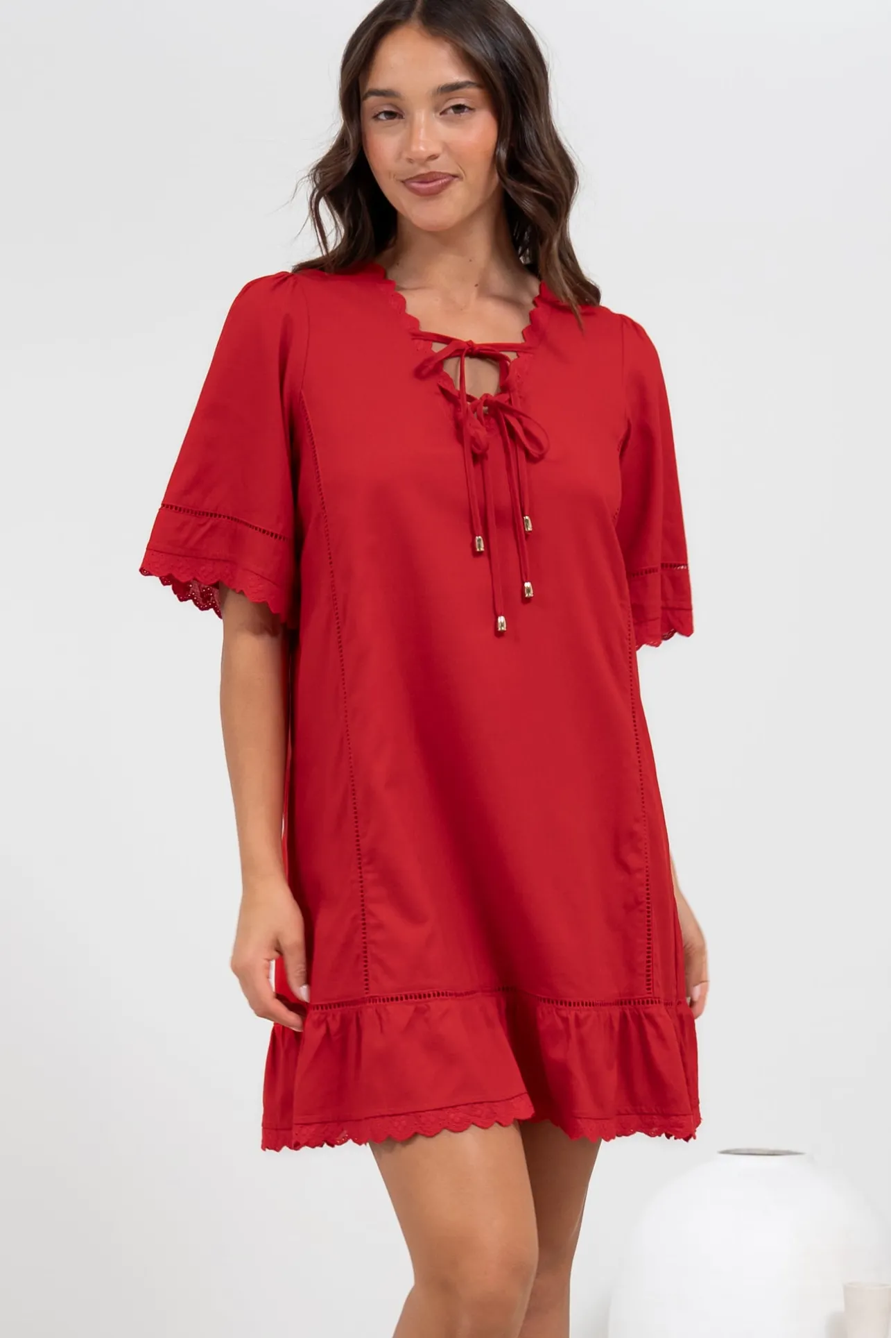 Kiki Mini Dress - V-Neck Shift Dress with Scallop Lace Hemlines in Red>Salty Crush Online