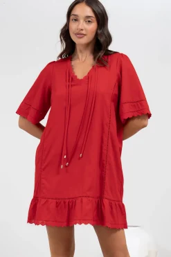 Kiki Mini Dress - V-Neck Shift Dress with Scallop Lace Hemlines in Red><noscript><img width=
